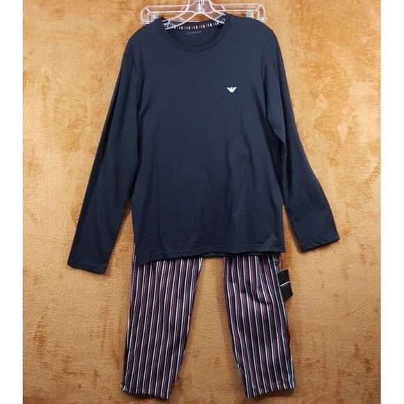 EMPORIO ARMANI Sleepwear Mens Medium Black Stripe Pajama PJs Set Cotton $155 - Picture 1 of 10
